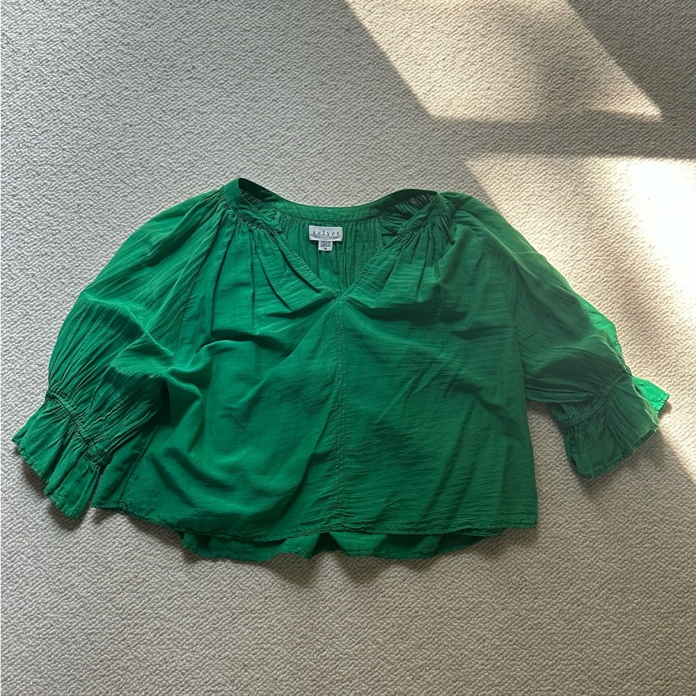 Velvet by Graham & Spencer Green Puff Sleeve Smocked Blouse
